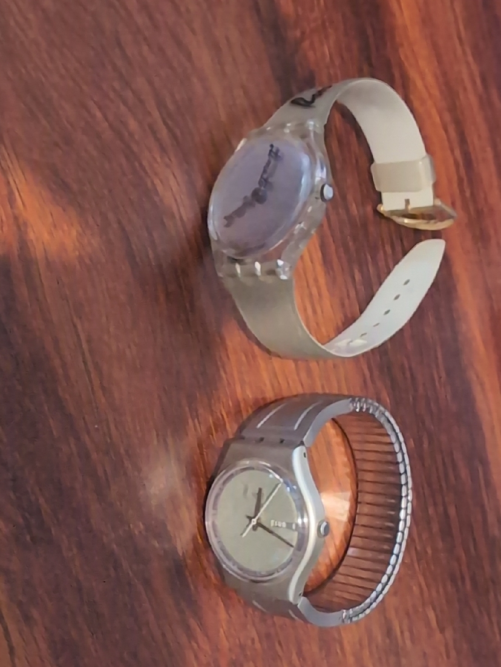 Swatch White Translucent Case and Silver Metal Band Watch Duo